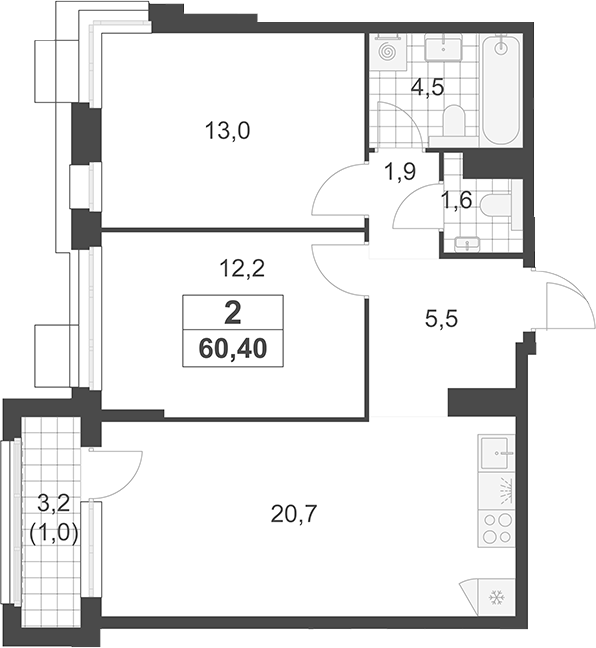 3-комн., 59.4 м², 14/19 этаж, ЖК «Южные сады»