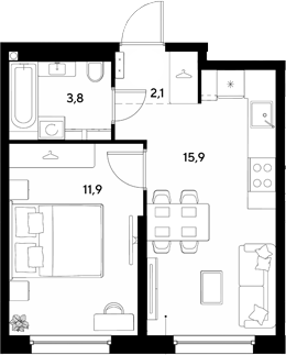 1-комн., 33.7 м², 2/18 этаж, ЖК «Грейд»