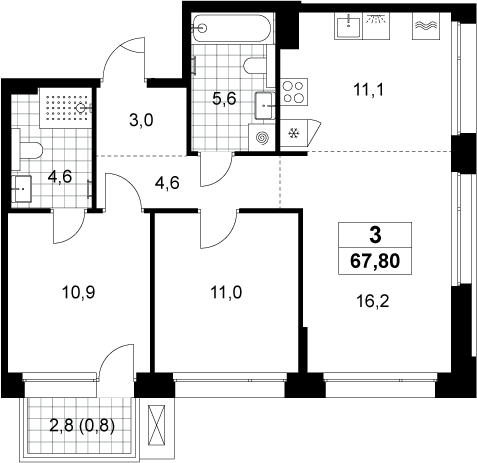 3-комн., 67 м², 7/8 этаж, ЖК «Хольм»