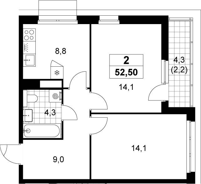2-комн., 50.3 м², 13/15 этаж, ЖК «Деснаречье»
