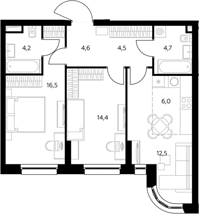 3-комн., 68.2 м², 24/43 этаж, ЖК «Адмирал»