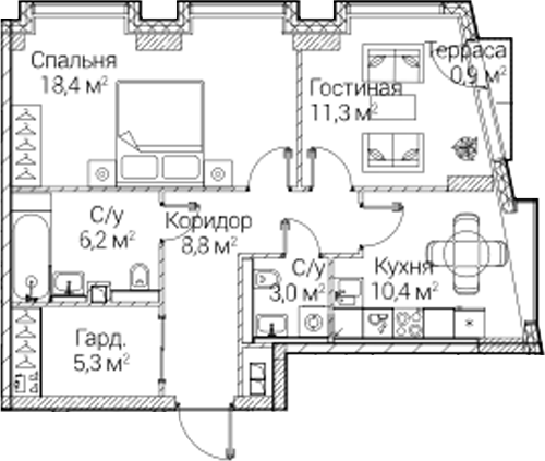 2-комн., 63.7 м², 18/41 этаж, ЖК «СЕЗАР БУДУЩЕЕ»