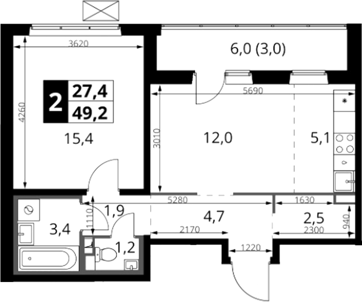 2-комн., 46.2 м², 7/24 этаж, ЖК «1-й Южный»