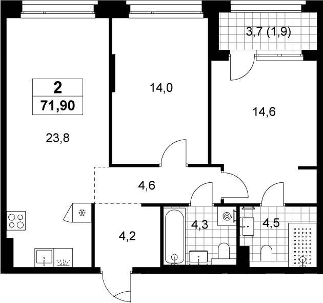 3-комн., 70 м², 5/8 этаж, ЖК «Хольм»