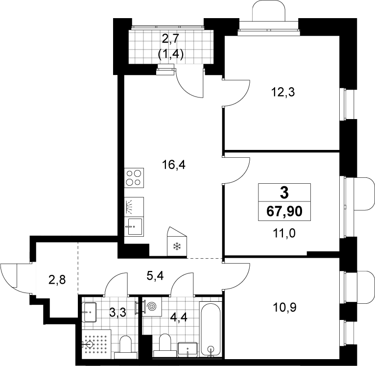 4+ комнаты, 66.5 м², 10/14 этаж, ЖК «Прокшино»
