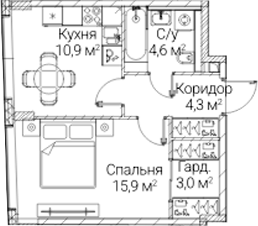 1-комн., 38.7 м², 32/41 этаж, ЖК «СЕЗАР БУДУЩЕЕ»