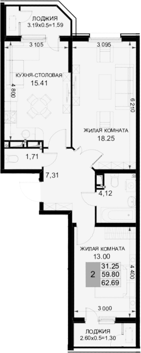 2-комн. квартира, 59.8 м² в ЖК Фонтаны — фото 2