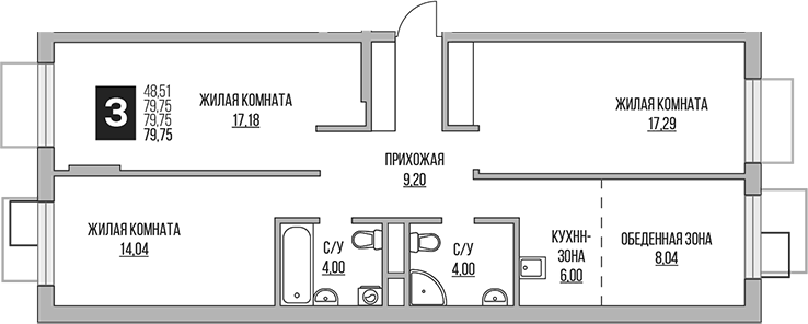 3-комн., 79.75 м², 14/14 этаж, ЖК «Гранель Притяжение Сити»