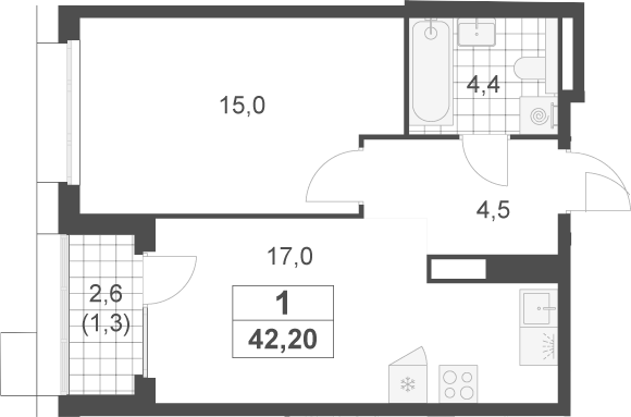 2-комн., 40.9 м², 13/17 этаж, ЖК «Скандинавия»