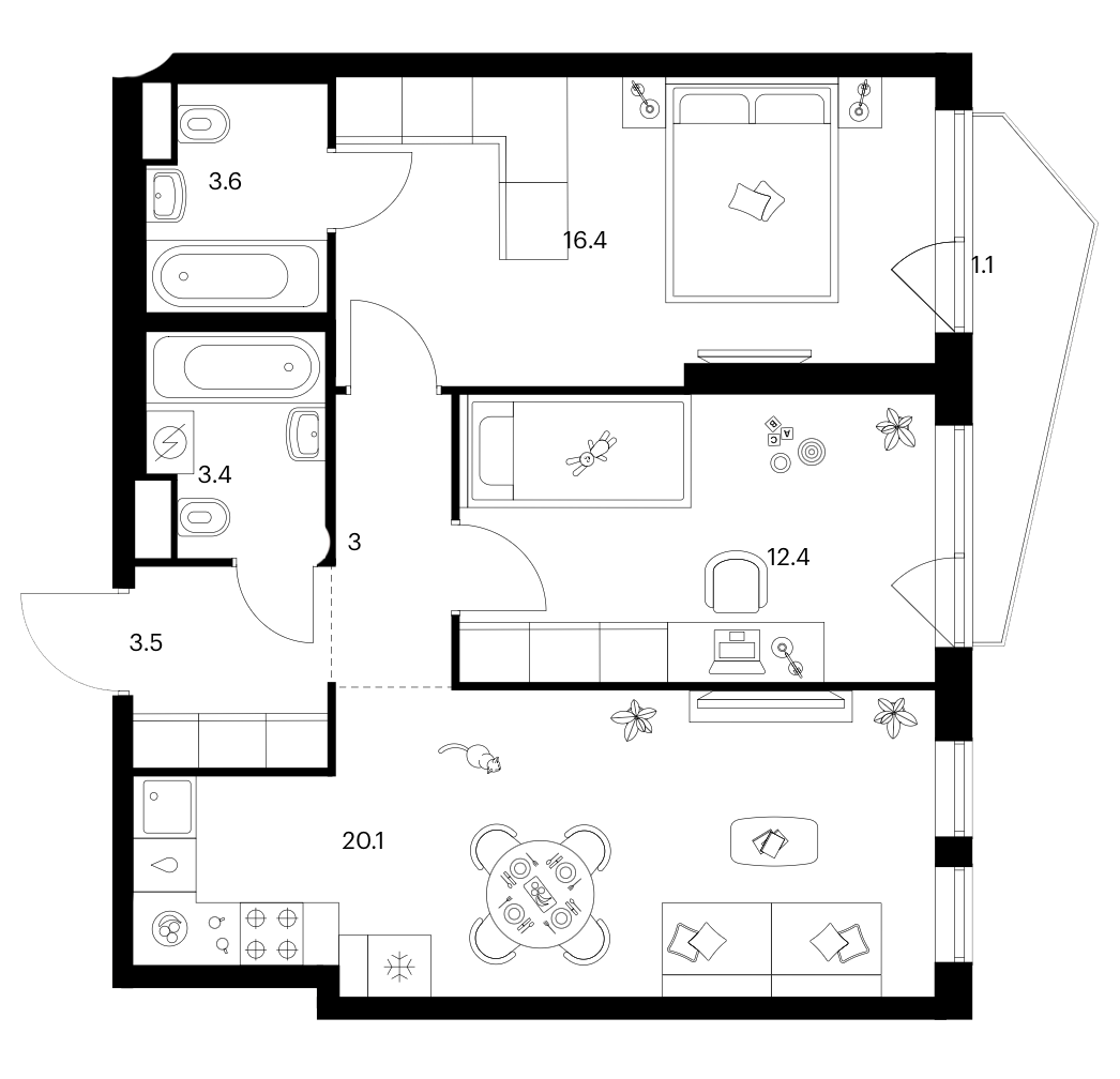 2-комн., 62.4 м², 10/30 этаж, ЖК «Строгино 360»