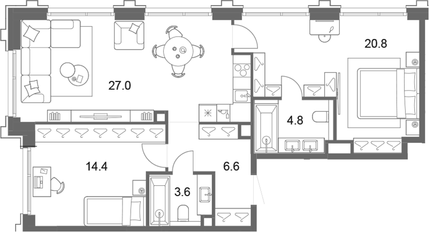 3-комн., 77.1 м², 16/19 этаж, ЖК «ОМ Ботанический»