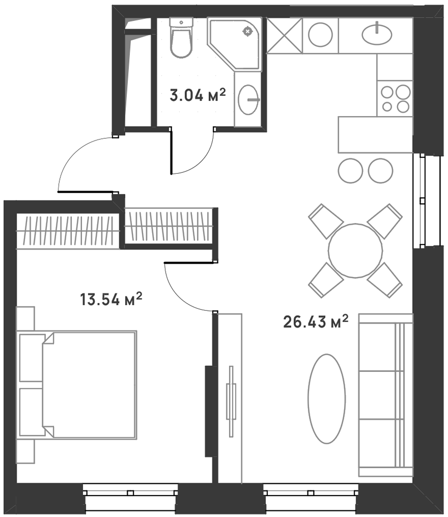 2-комн., 43.01 м², 20/30 этаж, ЖК «Дюна»