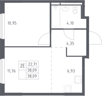 2-комн., 38.09 м², 3/17 этаж, ЖК «Мытищи Парк»