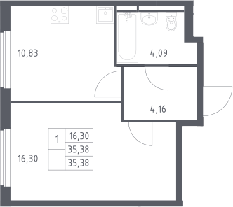 1-комн., 35.38 м², 3/17 этаж, ЖК «Мытищи Парк»