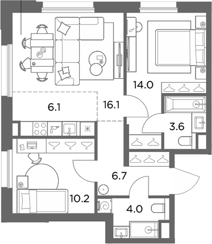 3-комн., 60.7 м², 1/6 этаж, ЖК «Станиславский»