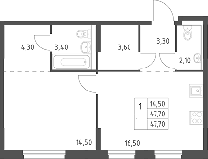 2-комн., 47.7 м², 25/25 этаж, ЖК «Химки Парк»