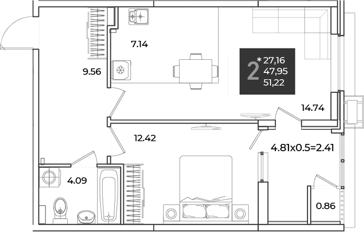 1-комн., 47.95 м², 2/18 этаж, ЖК «Образцово»
