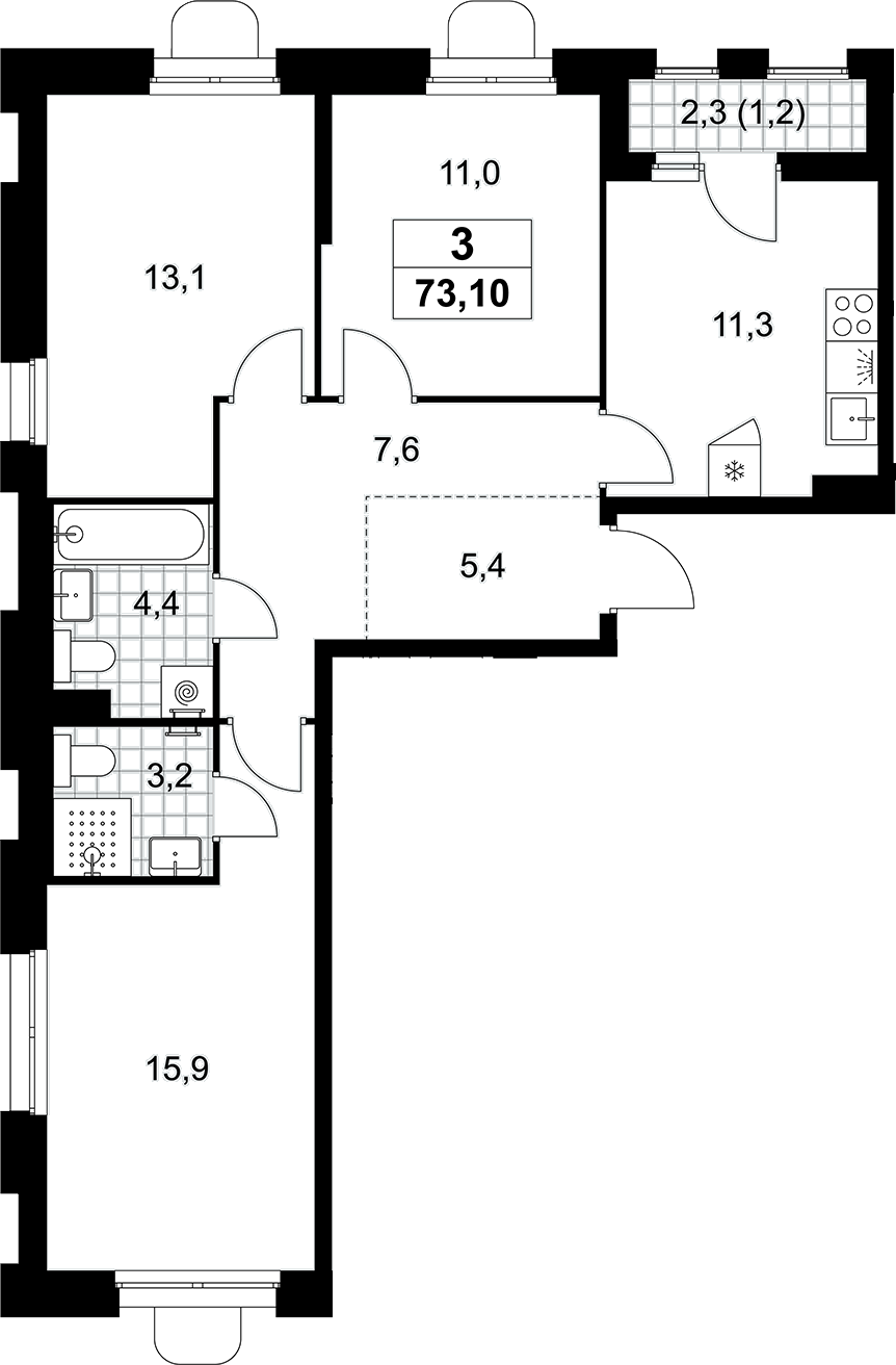 3-комн., 71.9 м², 4/10 этаж, ЖК «Прокшино»