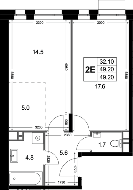 2-комн., 49.2 м², 2/3 этаж, ЖК «Кореневский Форт 2.3»