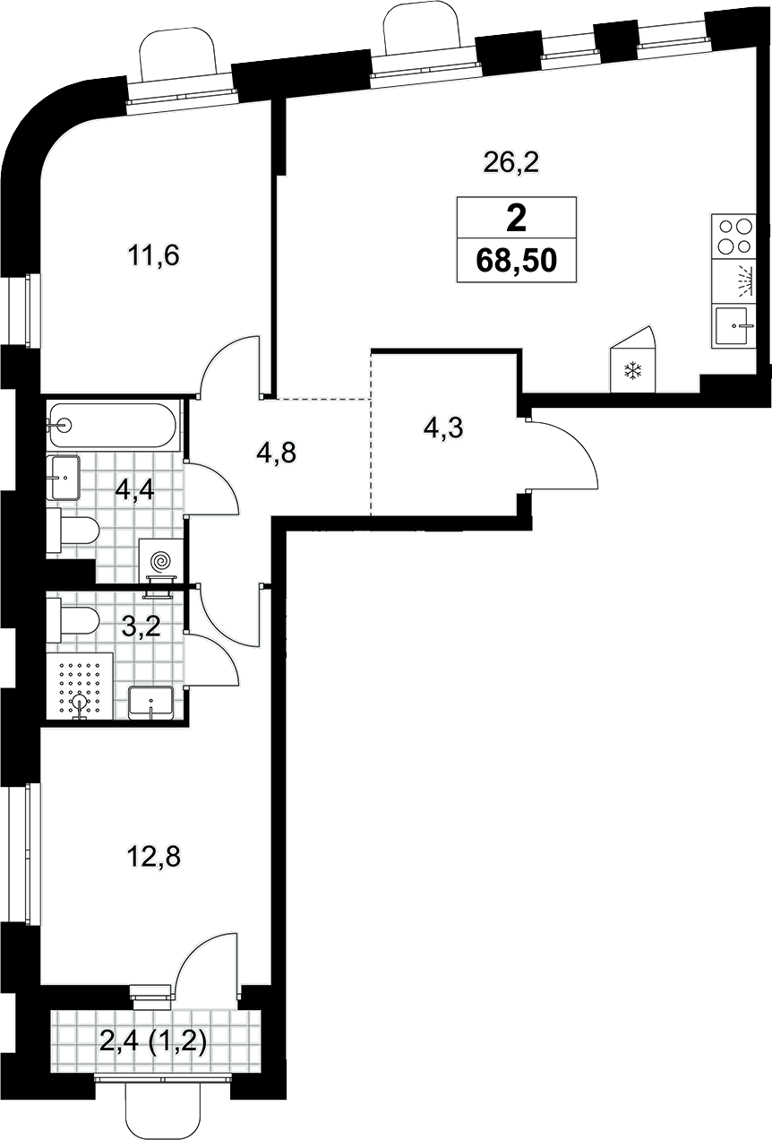 3-комн., 67.3 м², 8/10 этаж, ЖК «Прокшино»