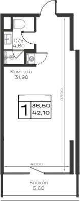 Студия, 36.5 м², 6/6 этаж, ЖК «Хако»