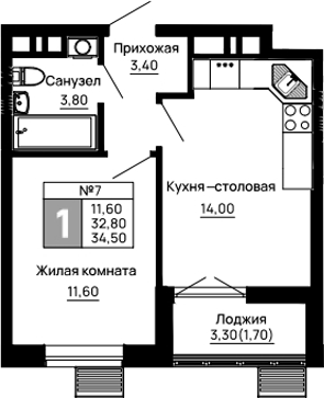 1-комн. квартира, 32.8 м² в ЖК Традиции — фото 2
