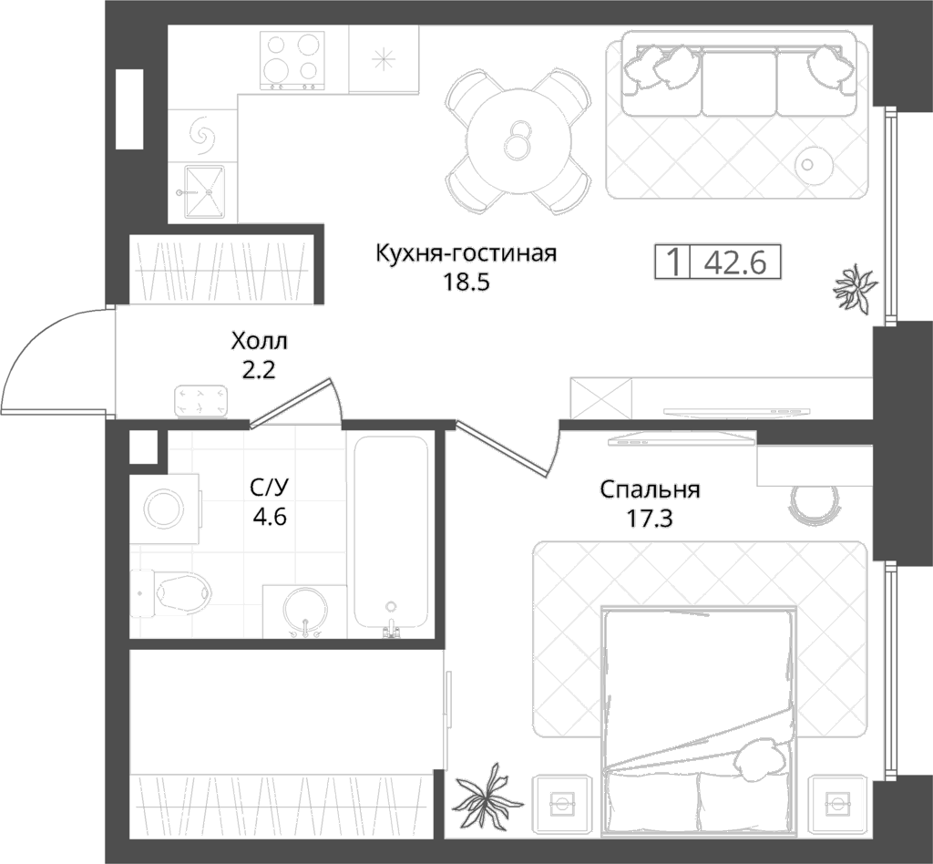 1-комн., 42.6 м², 1/6 этаж, ЖК «Коллекция»