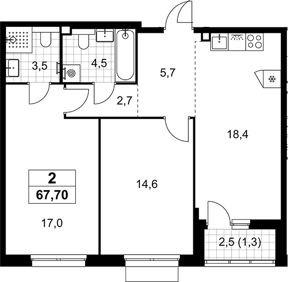 3-комн., 66.4 м², 3/17 этаж, ЖК «Деснаречье»
