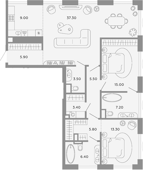 3-комн., 112.3 м², 5/9 этаж, ЖК «Тессинский, V»