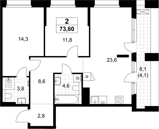 3-комн., 69.5 м², 14/15 этаж, ЖК «Хольм»