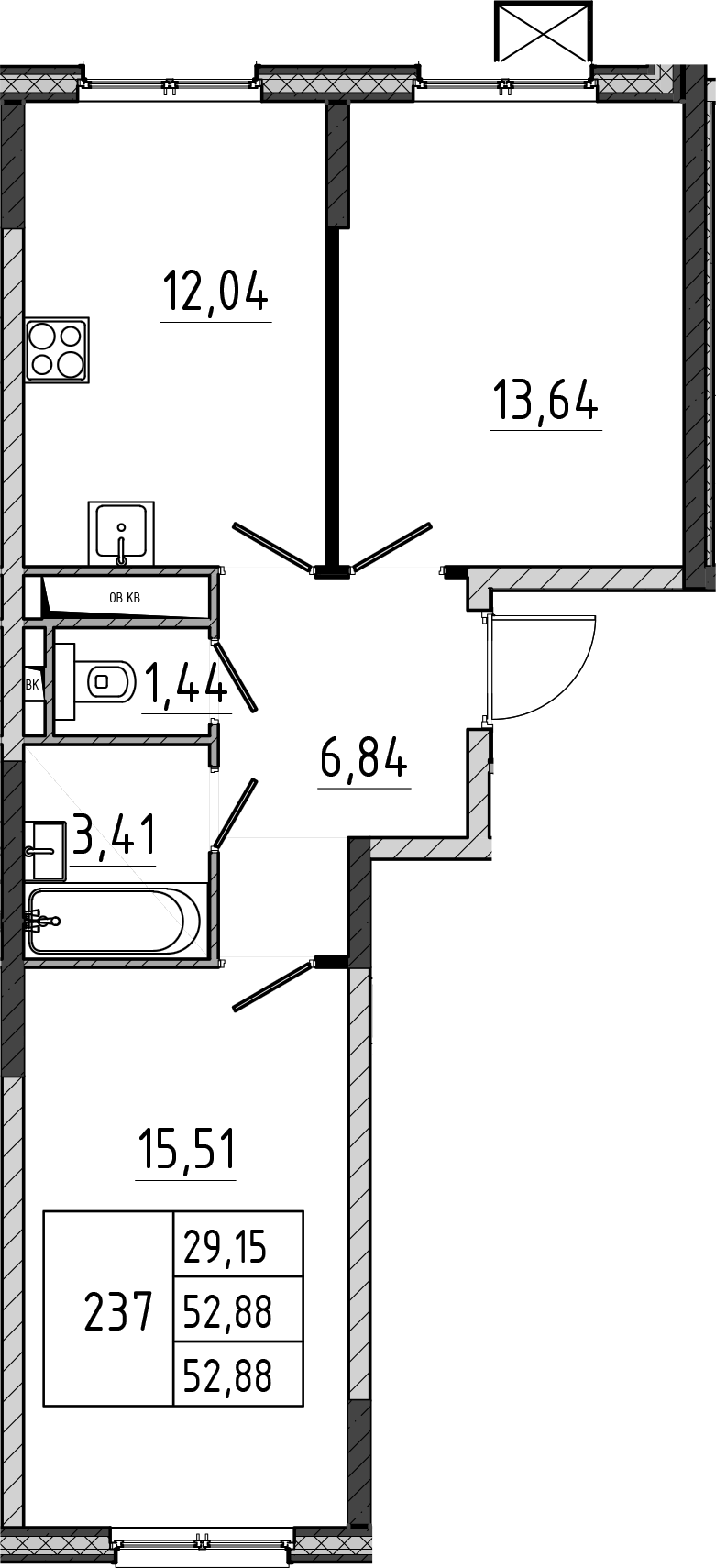 2-комн., 52.88 м², 4/17 этаж, ЖК «Поварово-Молодежный-2»