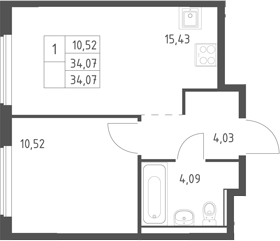 2-комн., 34.07 м², 8/12 этаж, ЖК «Егорово парк»