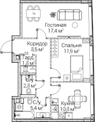 2-комн., 58.52 м², 20/41 этаж, ЖК «СЕЗАР БУДУЩЕЕ»