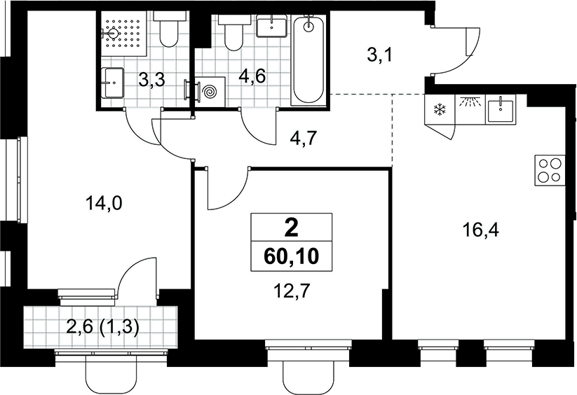 3-комн., 58.8 м², 5/6 этаж, ЖК «Прокшино»