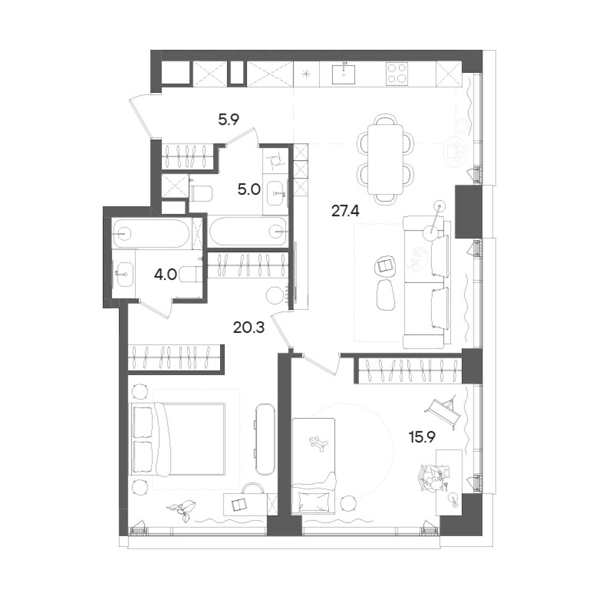 3-комн., 78.5 м², 8/45 этаж, ЖК «СТОУН Грэйн»