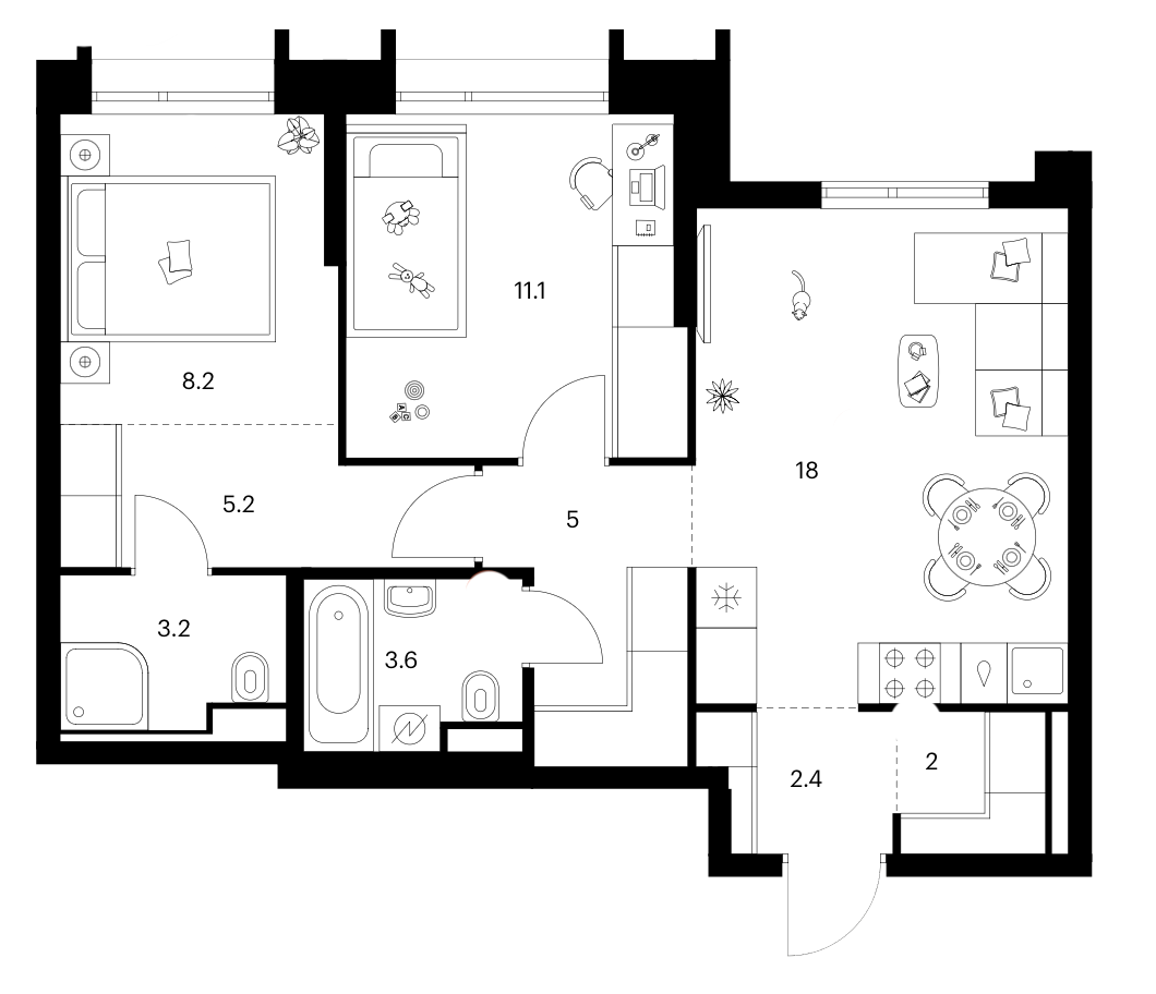 2-комн., 58.7 м², 12/28 этаж, ЖК «Зеленый парк»