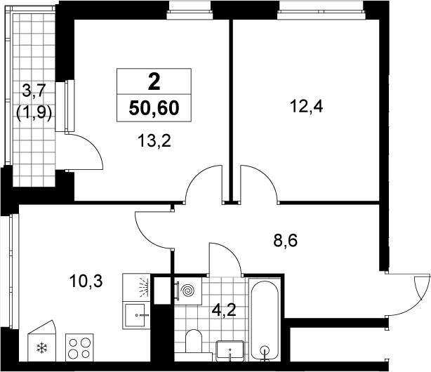 2-комн., 48.7 м², 11/12 этаж, ЖК «Деснаречье»