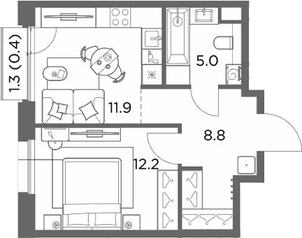 1-комн., 37.9 м², 4/6 этаж, ЖК «Станиславский»