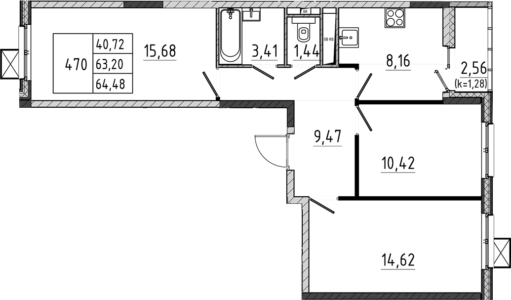 3-комн., 63.2 м², 14/17 этаж, ЖК «Поварово-Молодежный-2»