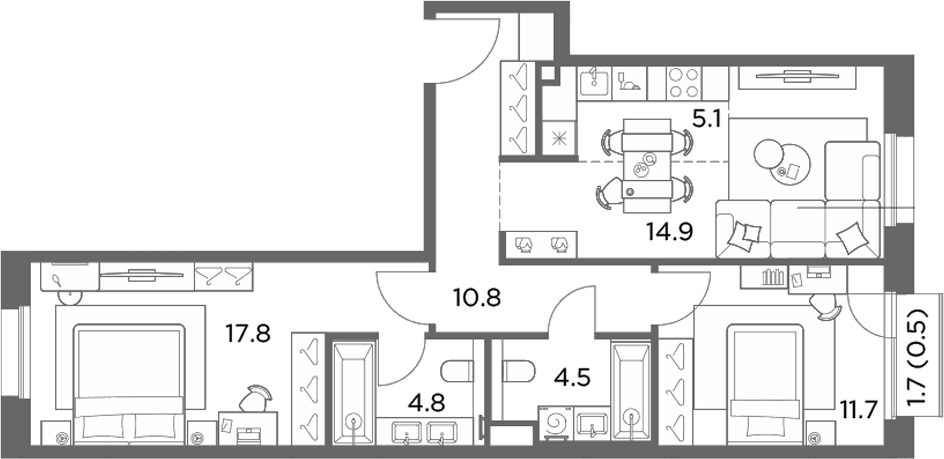 3-комн., 69.6 м², 2/6 этаж, ЖК «Станиславский»