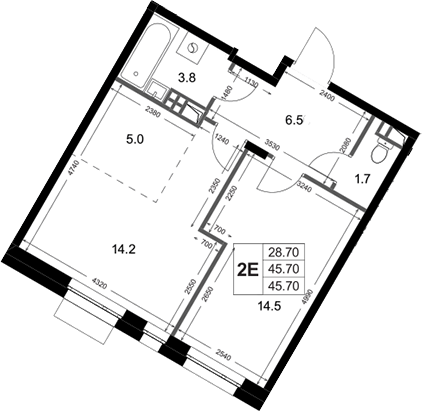 2-комн., 45.7 м², 2/3 этаж, ЖК «Кореневский Форт 2.3»