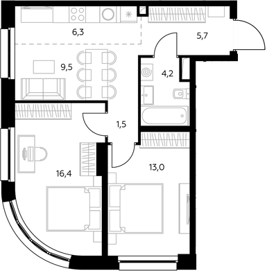 3-комн., 57 м², 31/43 этаж, ЖК «Адмирал»