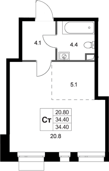 Студия, 34.4 м², 1/3 этаж, ЖК «Кореневский Форт 2.3»