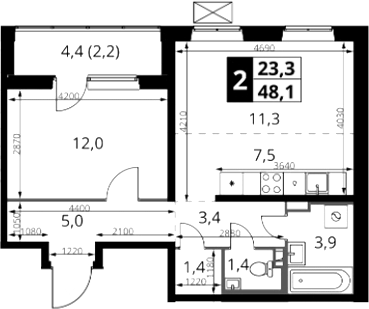 2-комн., 45.9 м², 3/24 этаж, ЖК «1-й Южный»