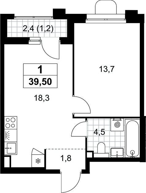 2-комн., 38.3 м², 2/7 этаж, ЖК «Прокшино»