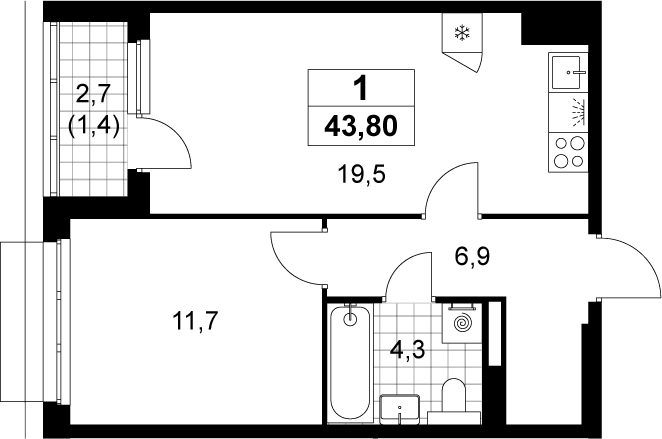 2-комн., 42.4 м², 17/19 этаж, ЖК «Деснаречье»