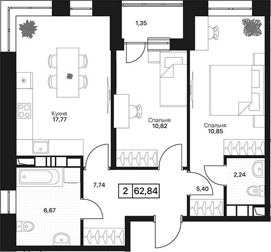 2-комн., 61.49 м², 2/17 этаж, ЖК «Пушкино Град»