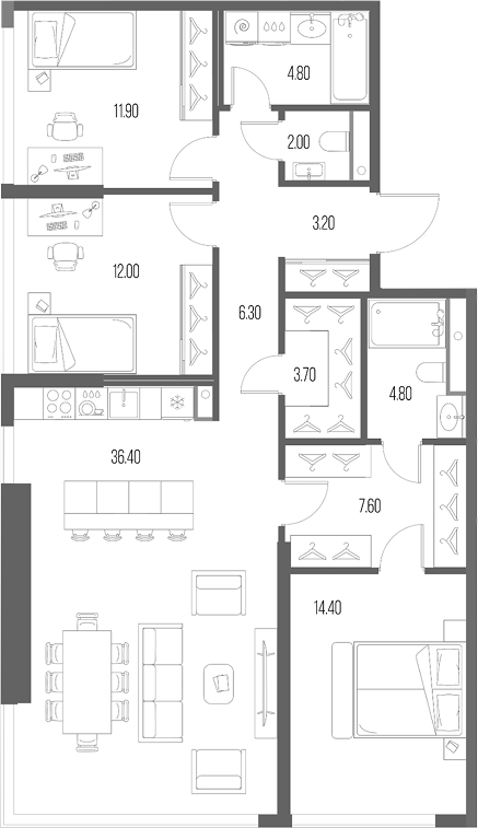 3-комн., 107.1 м², 12/12 этаж, ЖК «Северный Порт»