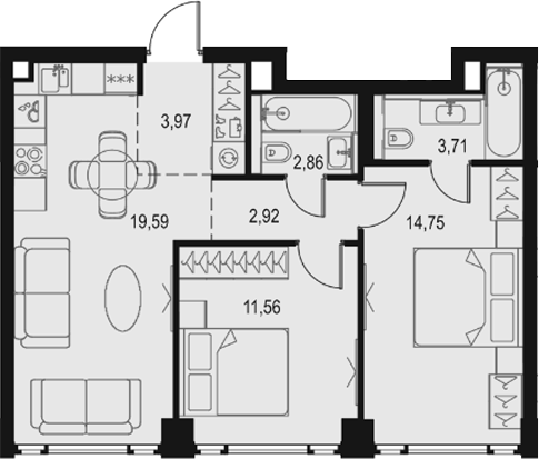 3-комн., 59.36 м², 22/29 этаж, ЖК «Левел Павелецкая Сити»