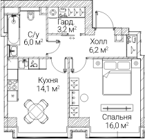 1-комн., 45.41 м², 13/60 этаж, ЖК «СЕЗАР БУДУЩЕЕ»